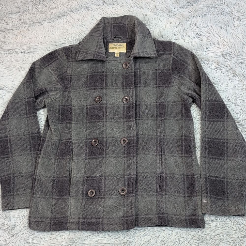 Cabela's Jacket Womens M Gray Plaid Peacoat Soft Cozy Pockets Outdoors Button Up